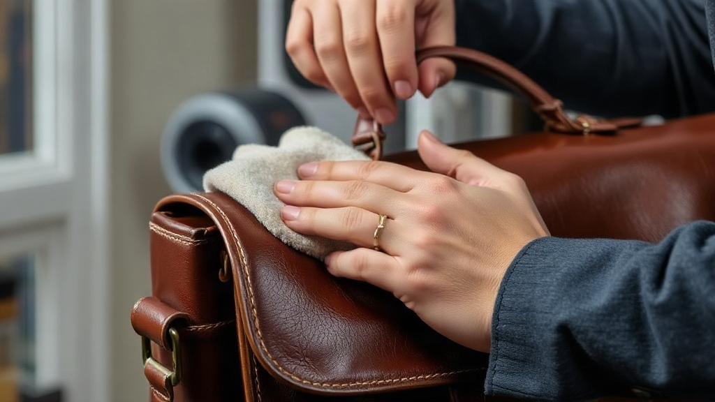 Application de conditionneur sur cuir Personne appliquant un conditionneur sur une sacoche en cuir marron avec un chiffon doux.